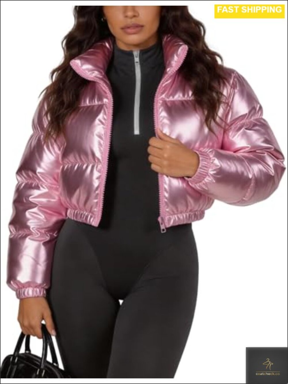 Cropped Puffer Jacket Metallic Shiny Zip Up Winter Coat